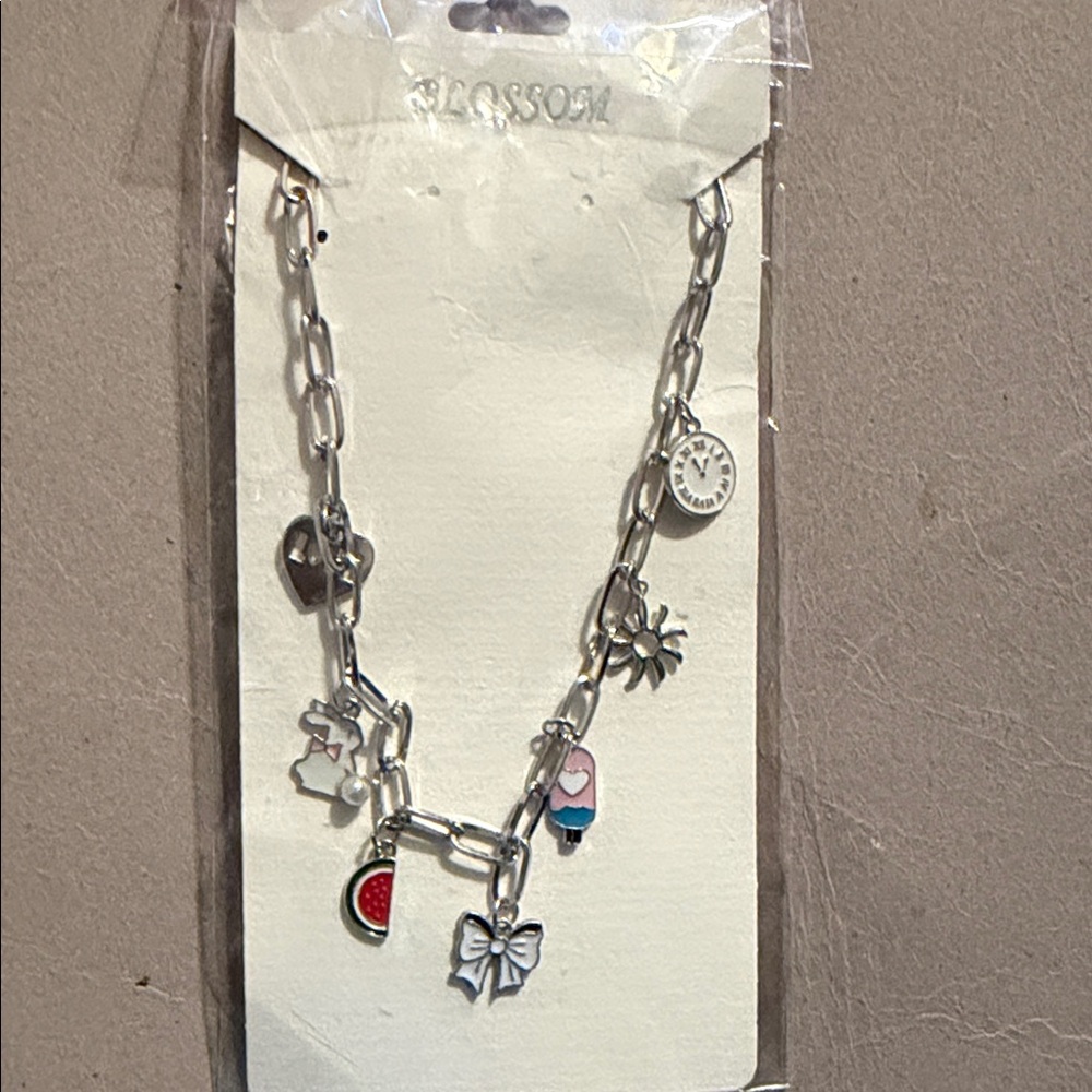 Silver Charm Link Necklace with Pink & Red Accents